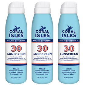 Coral Isles SPF 30 Spray Sunscreen three-pack with bottles front view