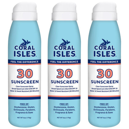 Coral Isles SPF 30 Spray Sunscreen three-pack with bottles front view