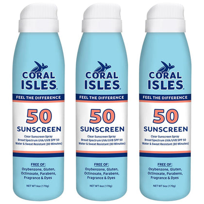 Coral Isles SPF 50 Spray Sunscreen three-pack bottles front view