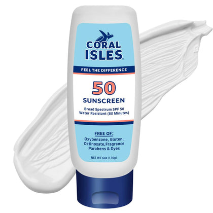 Coral Isles SPF 50 Sunscreen Lotion front view, 6 Fl Oz bottle