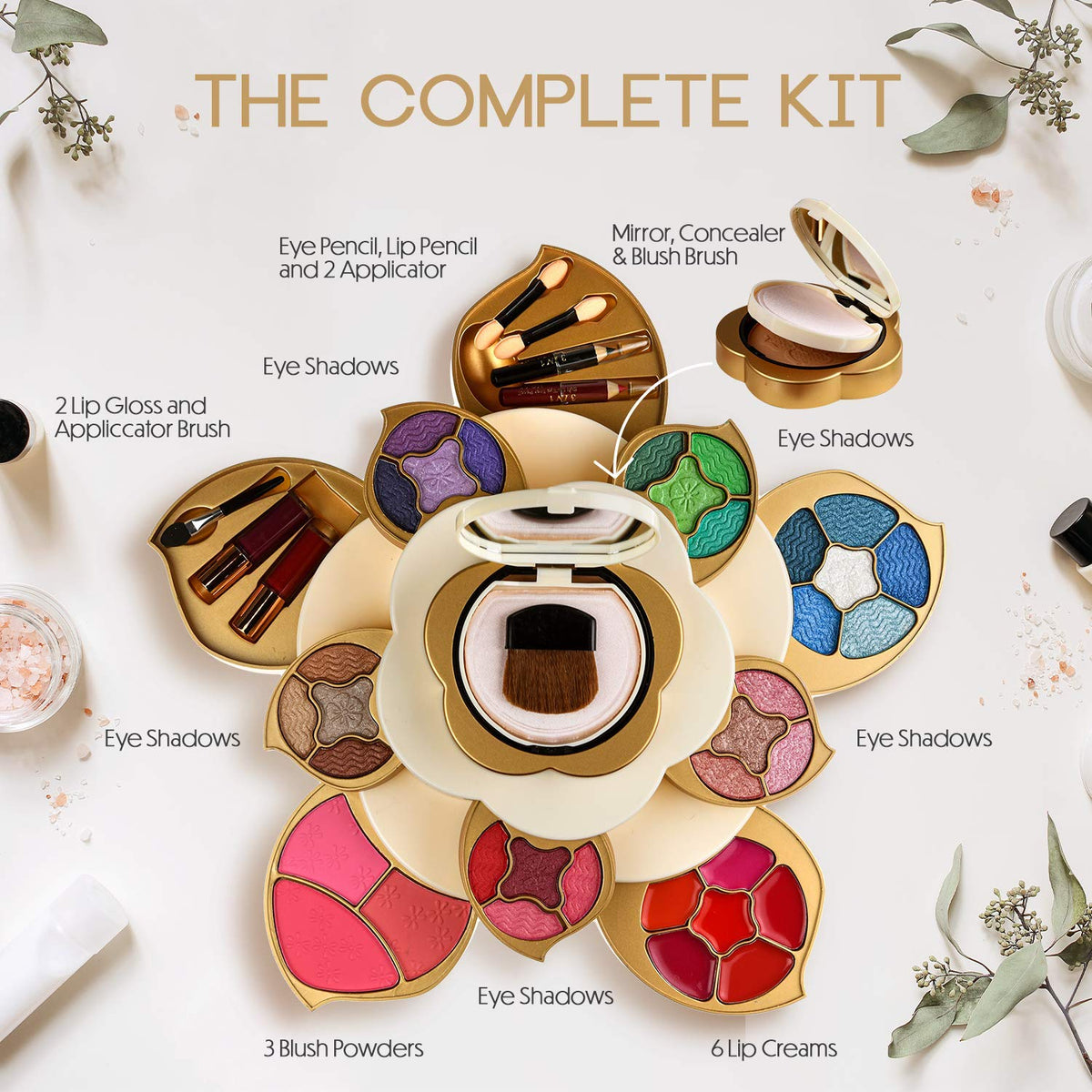 CoralBeau All In One Makeup Kit showing pigmented eyeshadows and lip creams