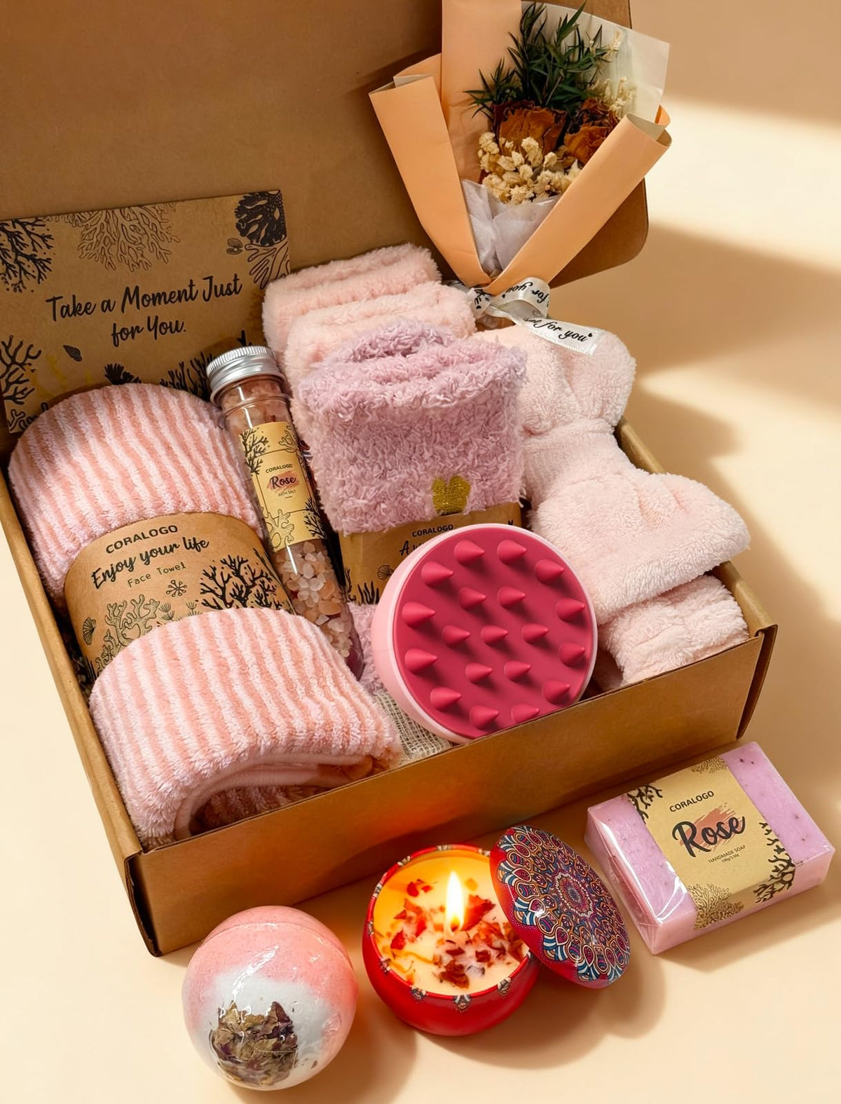 Coralogo Rose Spa Gift Basket featuring bath bombs and bath salts