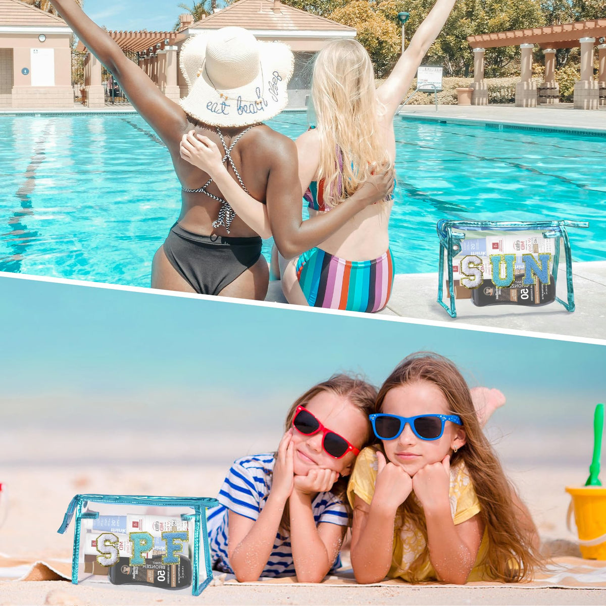 COSHAYSOO clear makeup bag on a beach towel