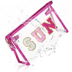 COSHAYSOO Clear Makeup Bag with pink SUN patches front view