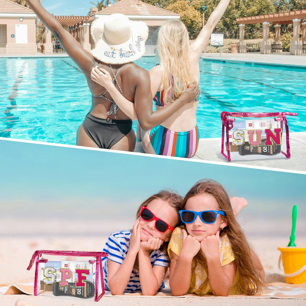 COSHAYSOO Clear Makeup Bag with tanning oils and bronzing drops