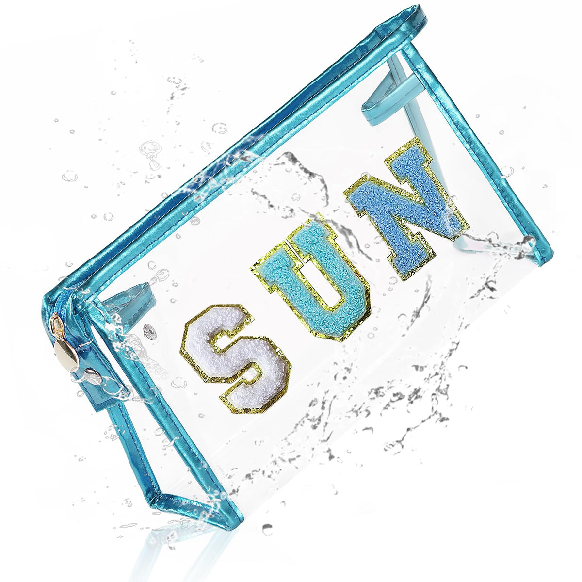 COSHAYSOO clear sunscreen makeup bag front view with blue SUN patches