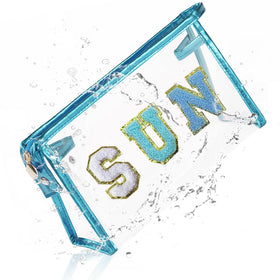 COSHAYSOO clear sunscreen makeup bag front view with blue SUN patches