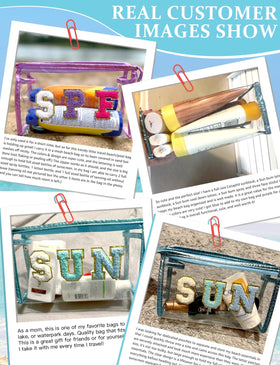 COSHAYSOO makeup bag in a beach tote with sun accessories