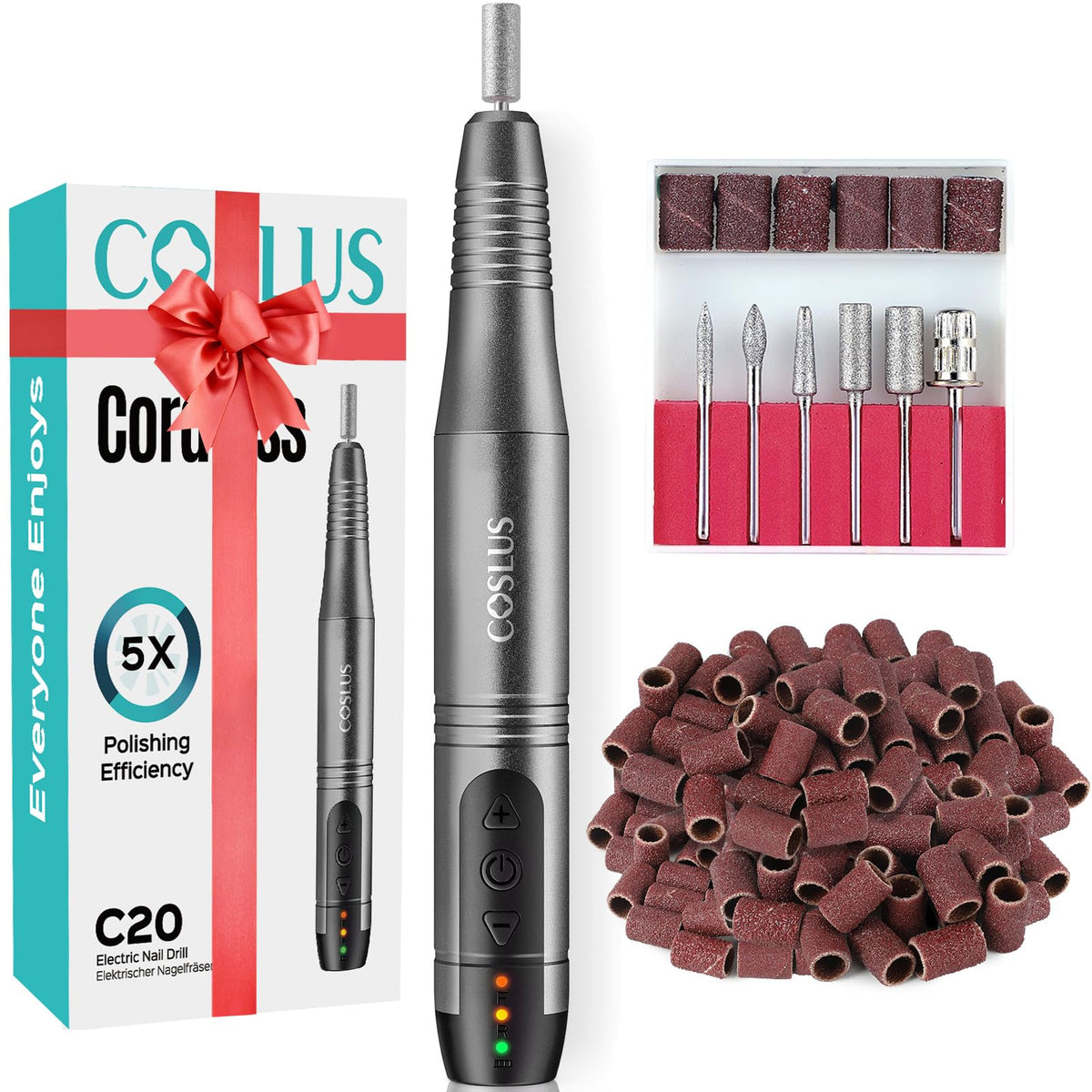 COSLUS C20 Cordless Nail Drill front view with accessories