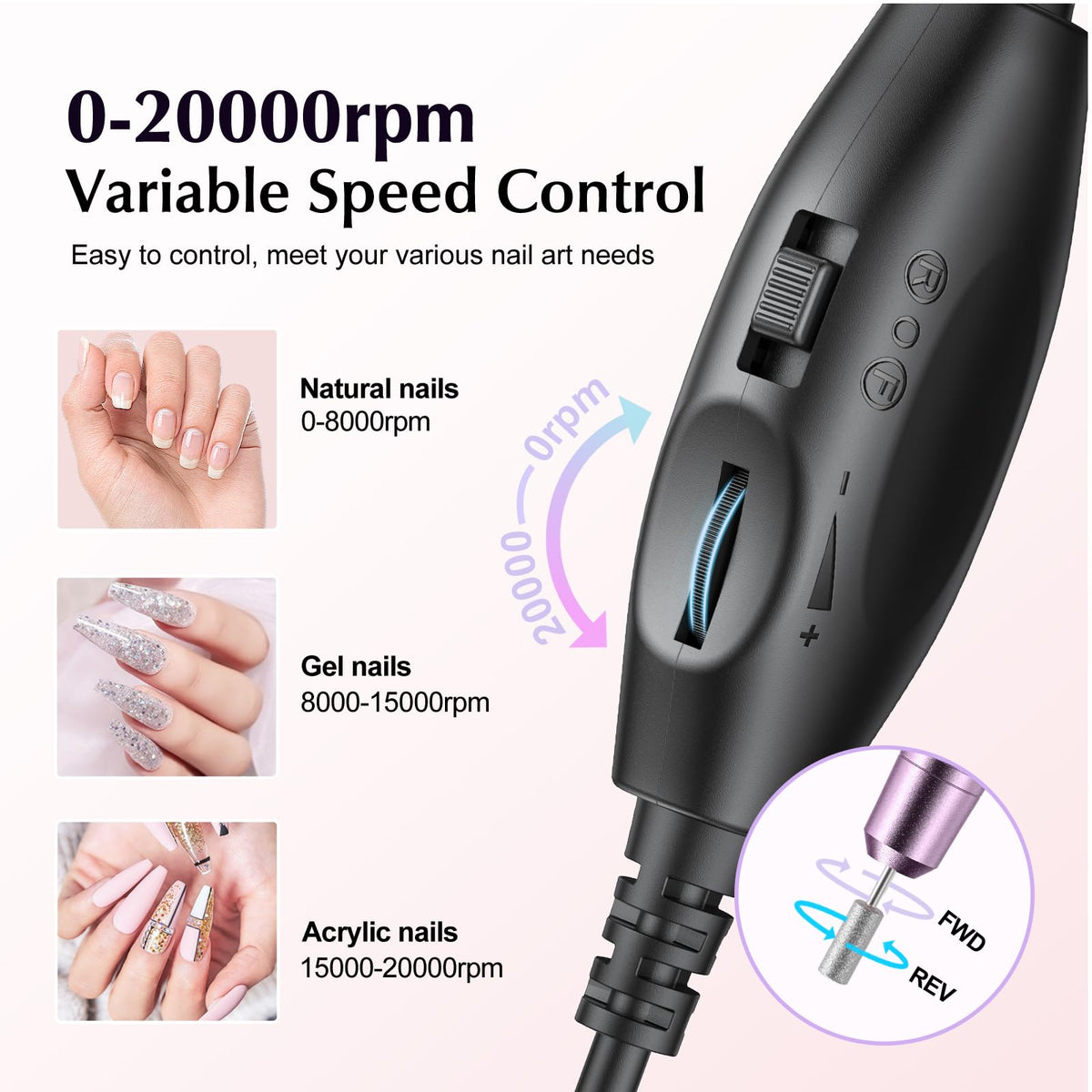 COSLUS C40 Electric Nail Drill with various nail drill bits laid out