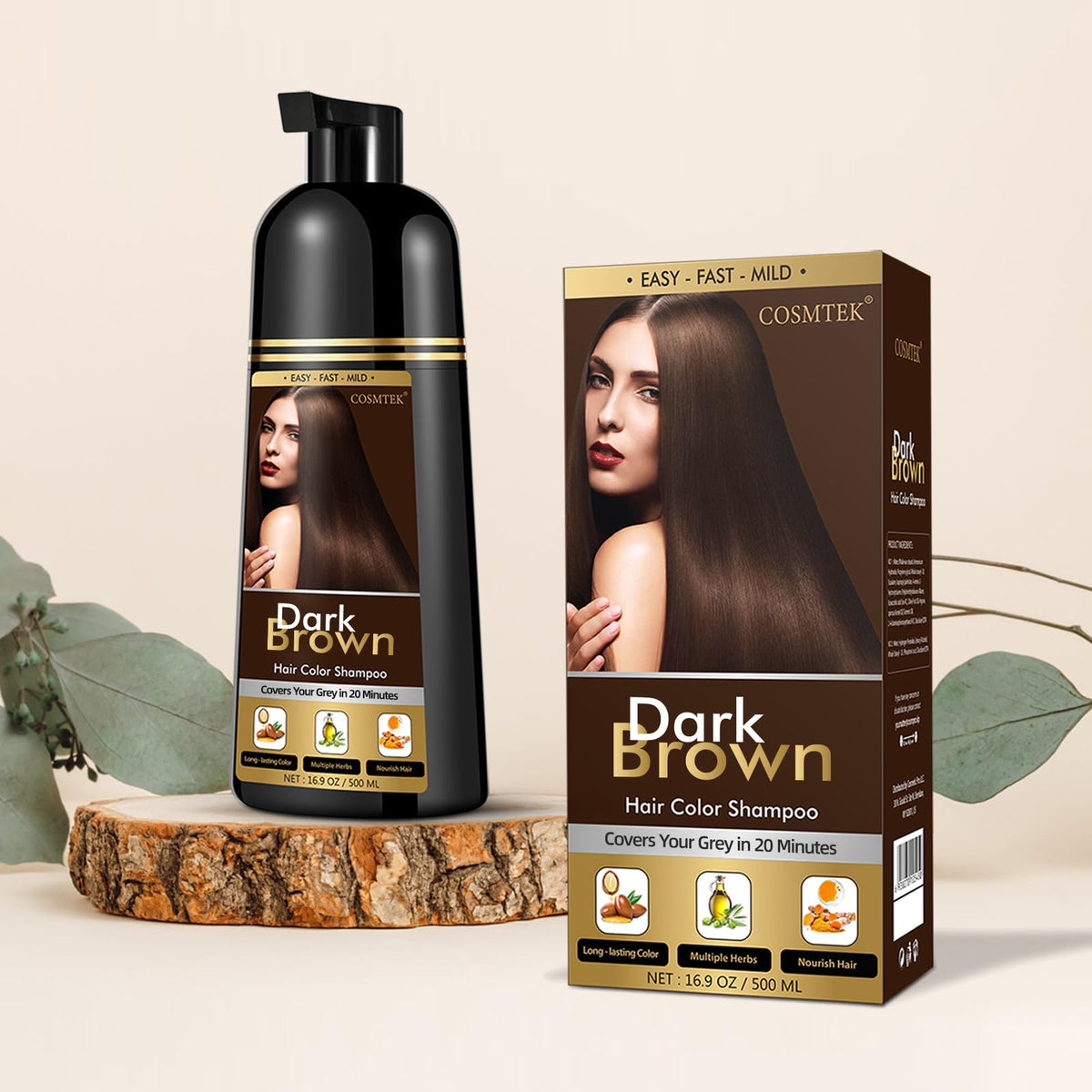 COSMTEK Dark Brown Hair Dye Shampoo packaging details