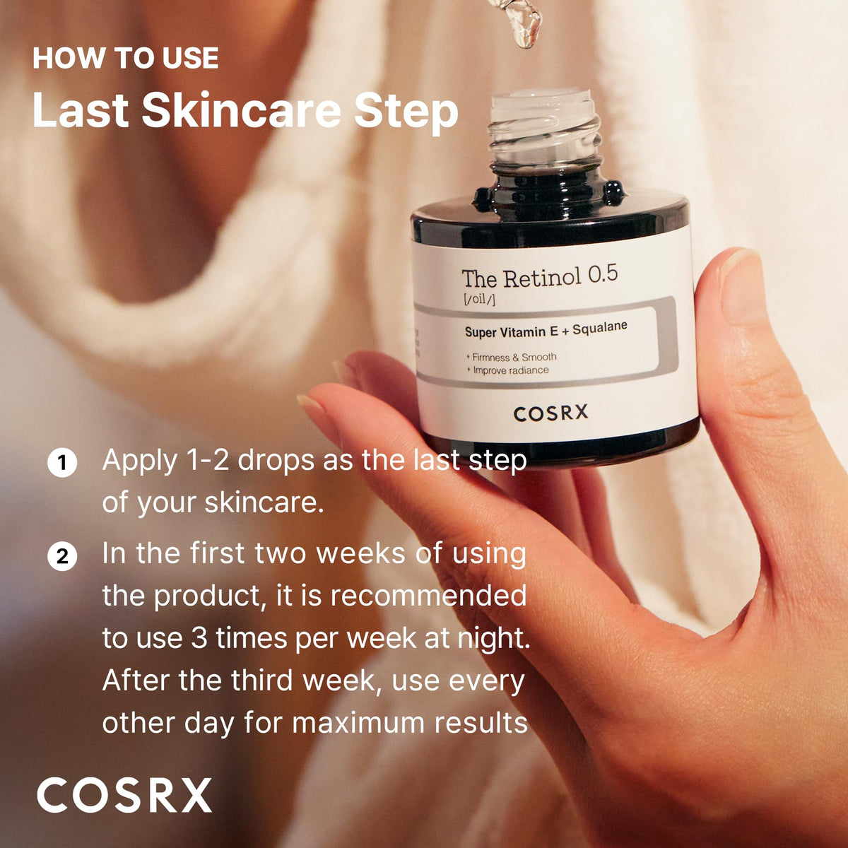COSRX Retinol 0.5% Oil on a bathroom counter