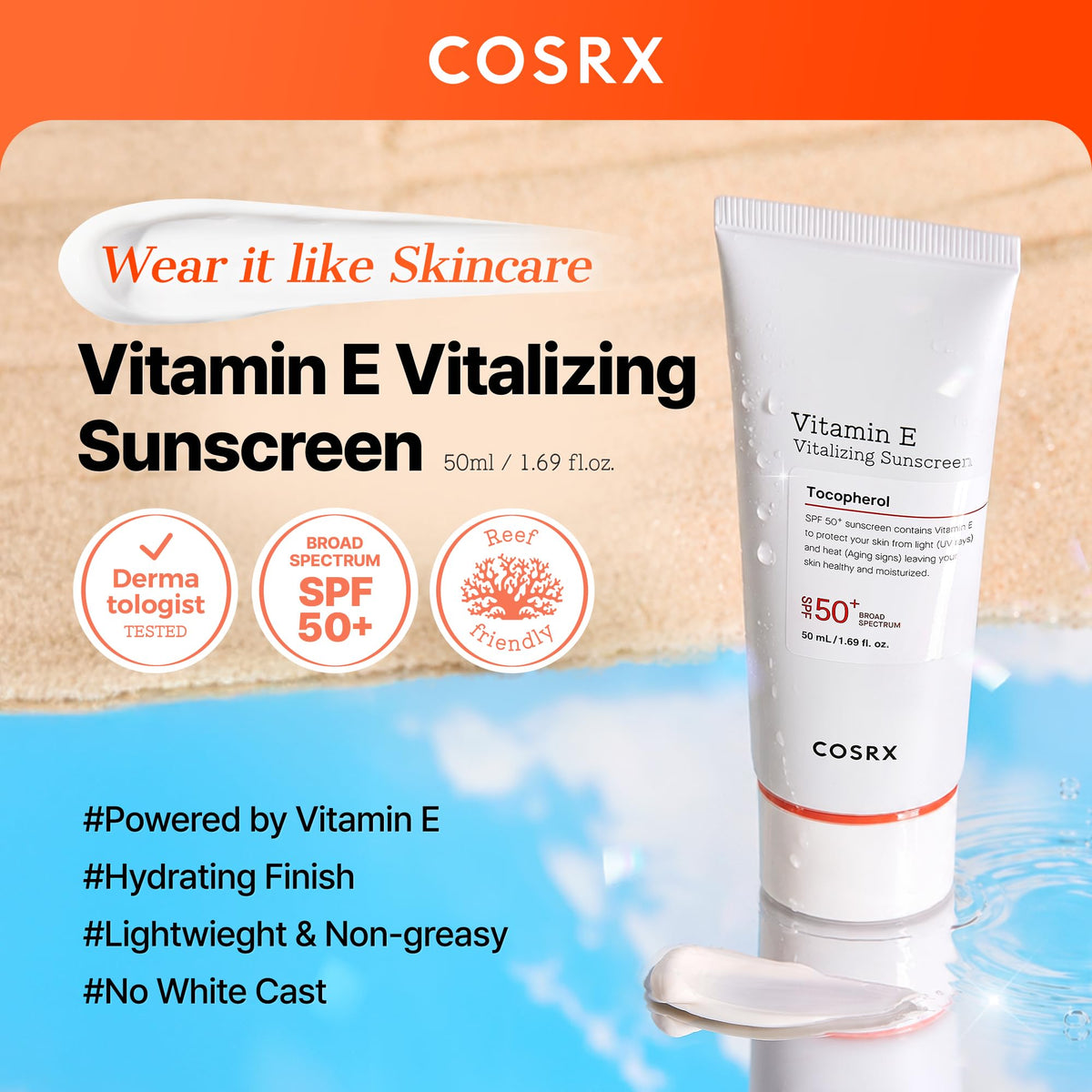 COSRX Vitamin E Sunscreen tube with SPF 50 label