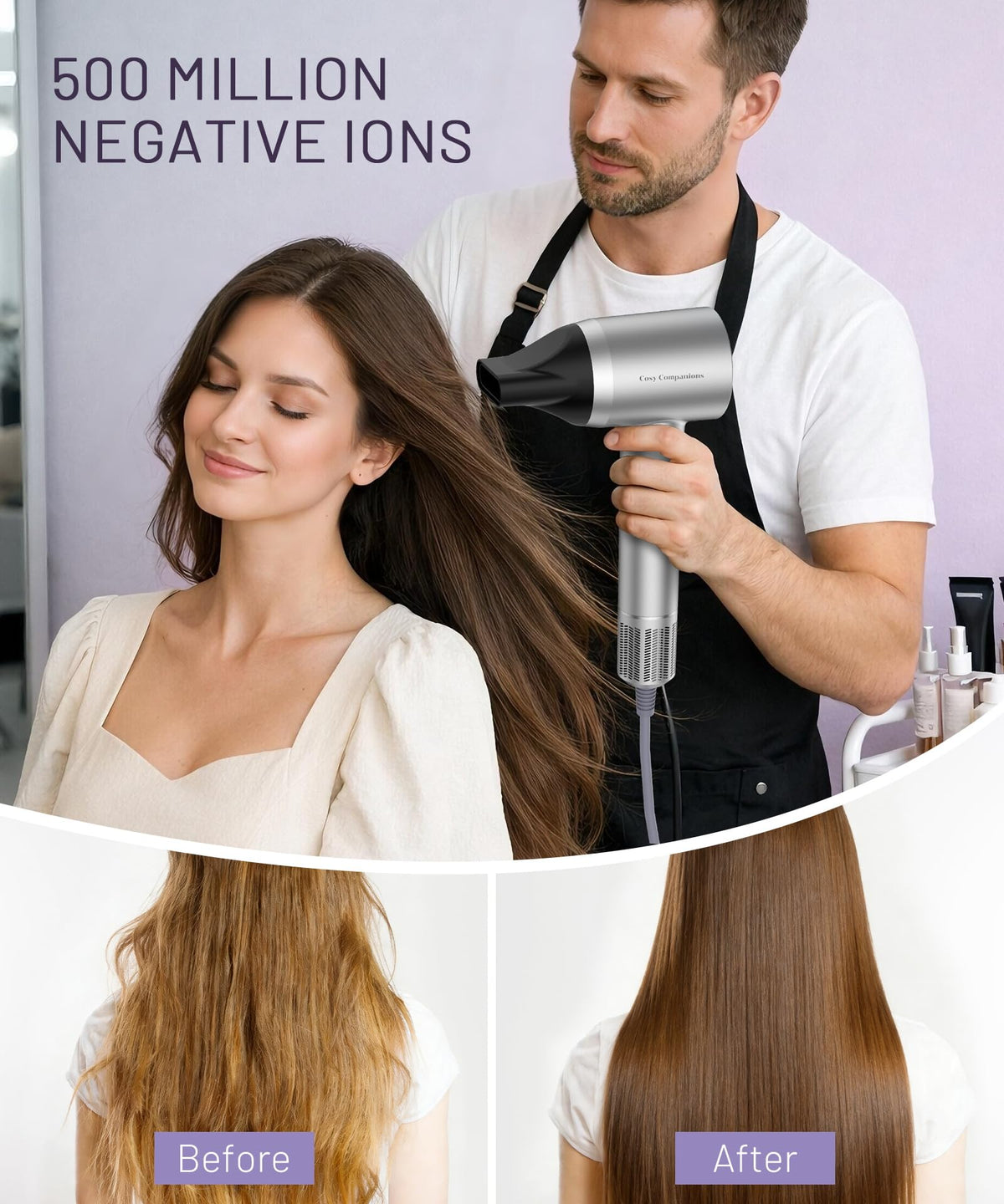 Cosy Companions hair dryer in use with flowing hair