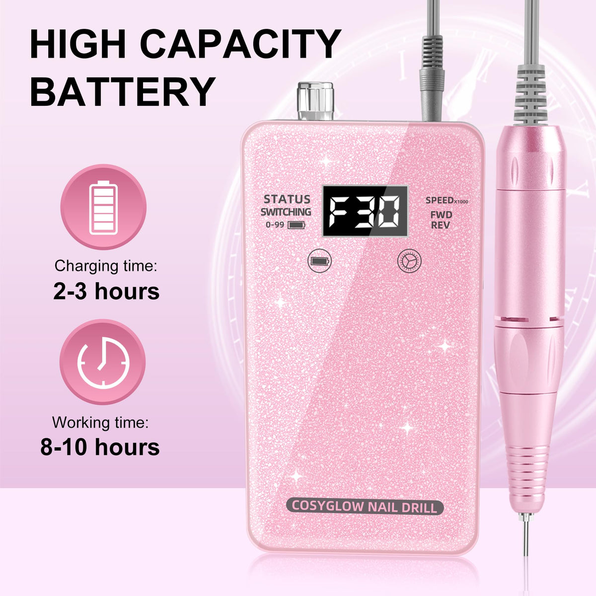 COSYGLOW nail drill showing rechargeable feature