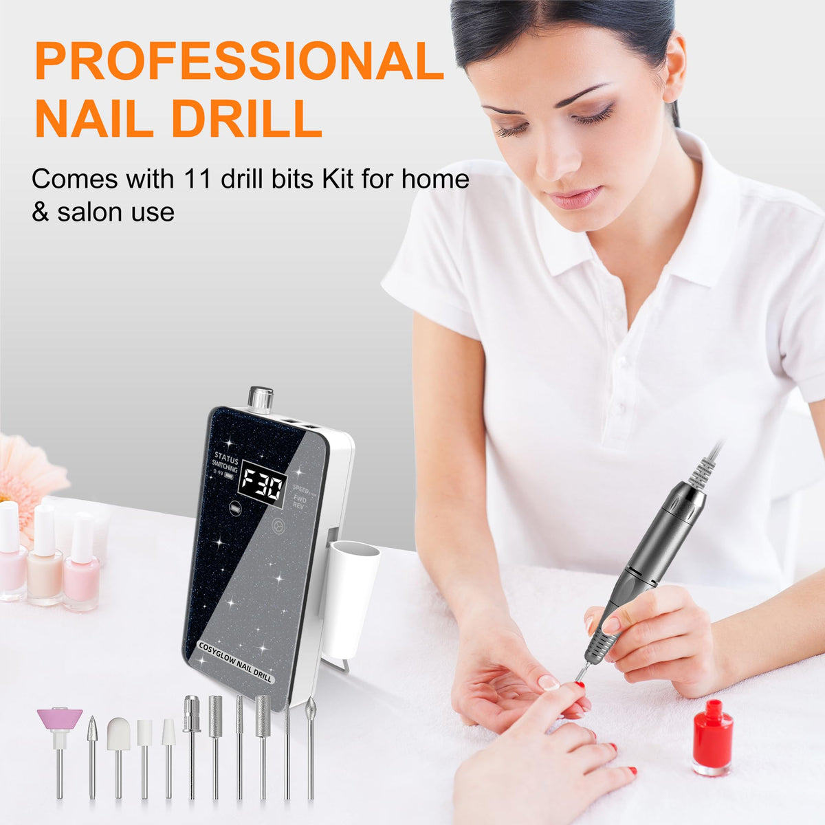 COSYGLOW Nail Drill with rechargeable battery and adapter