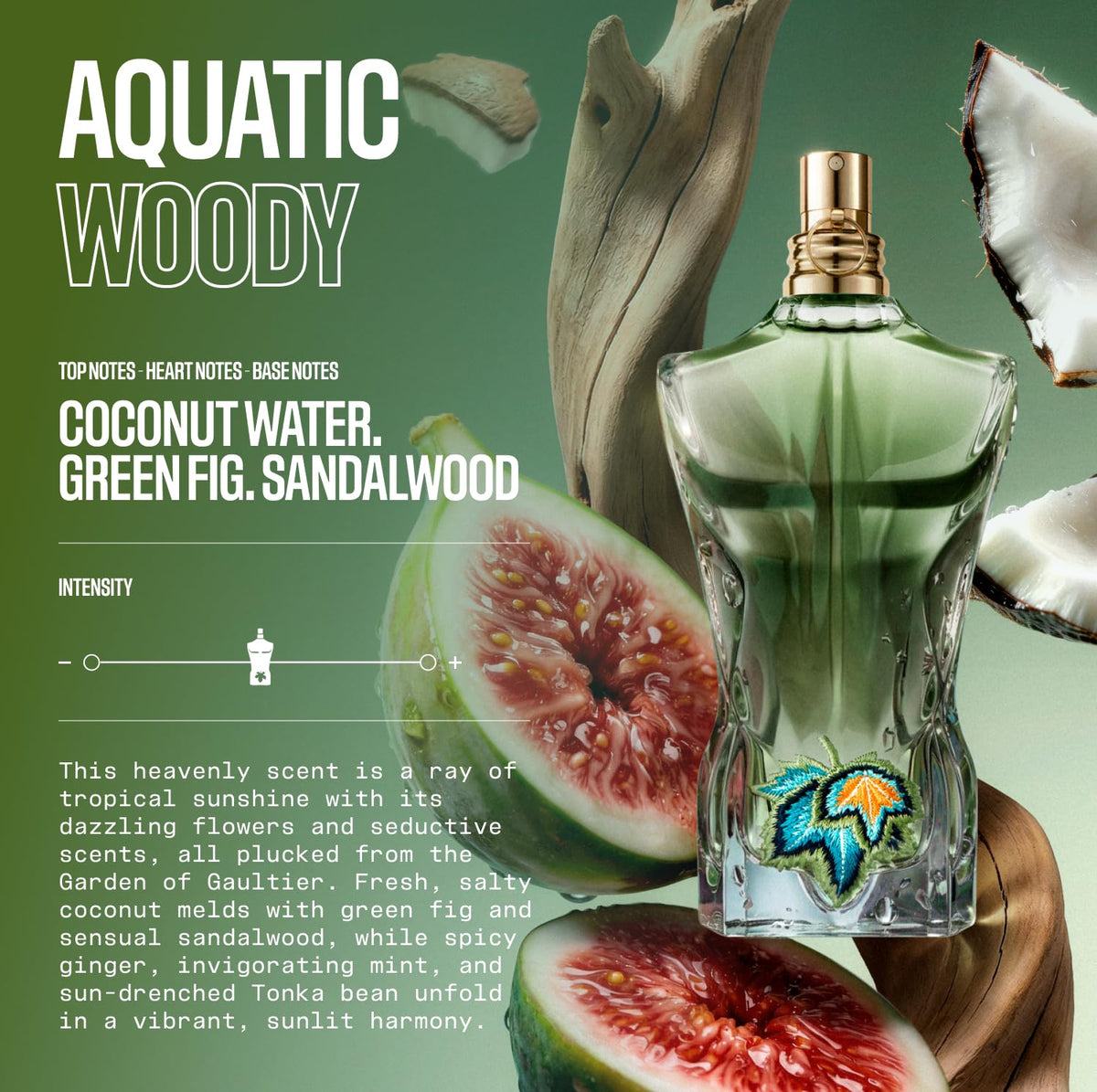 Couture emerald bottle of Jean Paul Gaultier Le Beau Paradise Garden