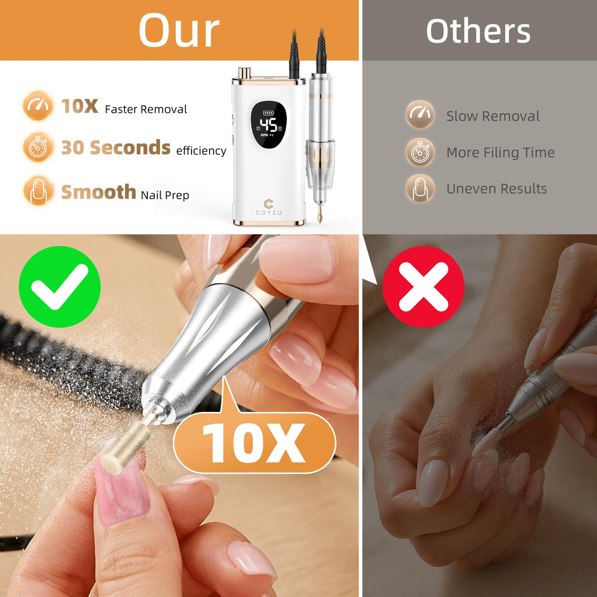COYZU nail drill in use for shaping and polishing nails