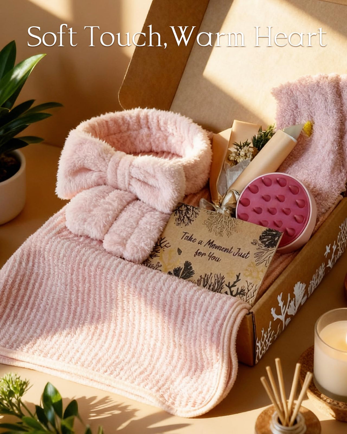 Cozy socks and plush towel from Coralogo Rose Spa Gift Basket