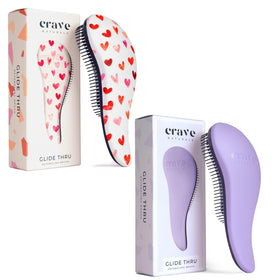 Crave Naturals Glide Thru Detangling Hair Brush front view in purple and pink hearts