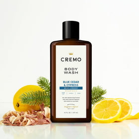 Cremo Blue Cedar & Cypress Body Wash packaging and label