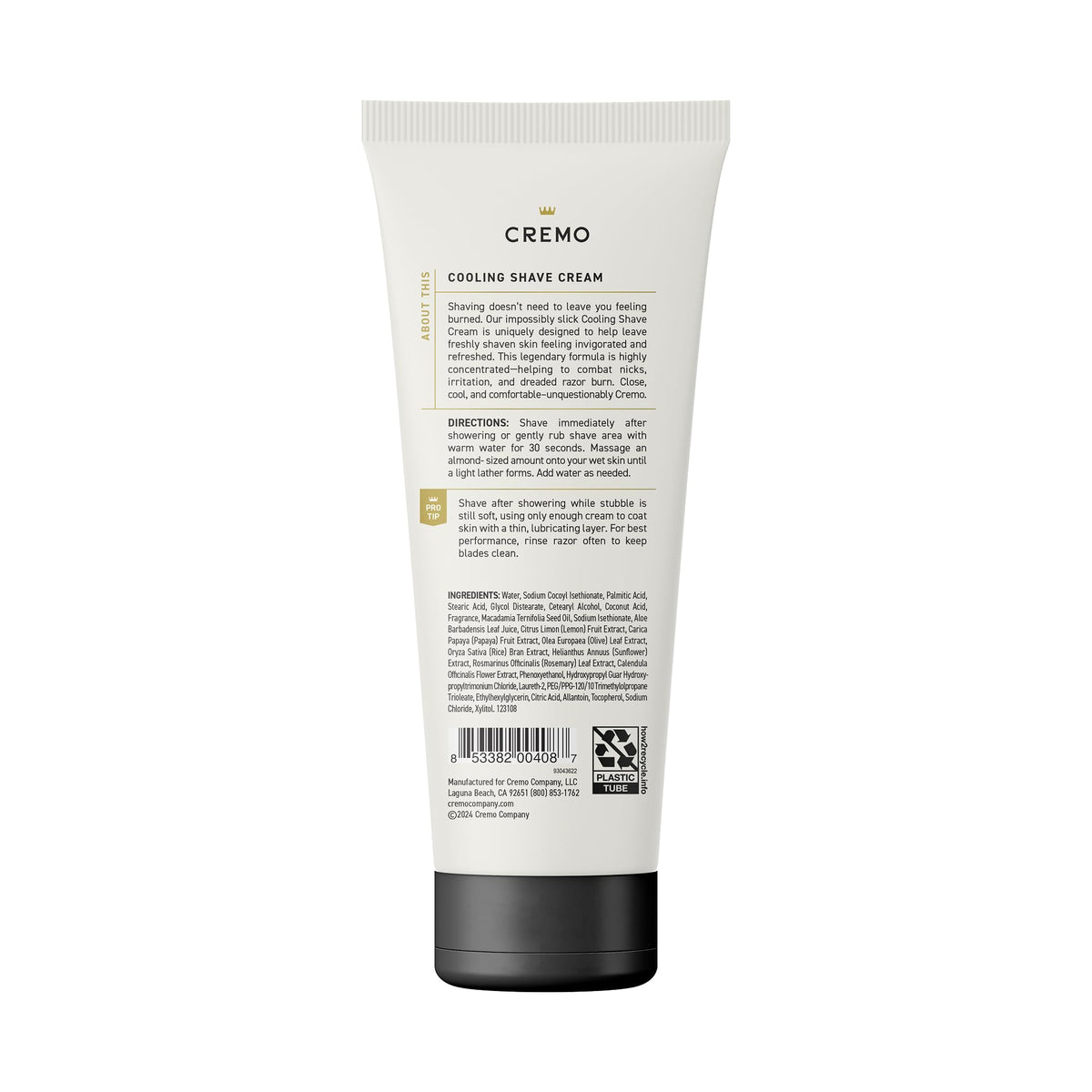 Cremo Cooling Shave Cream 6 fl oz with ingredients list on back