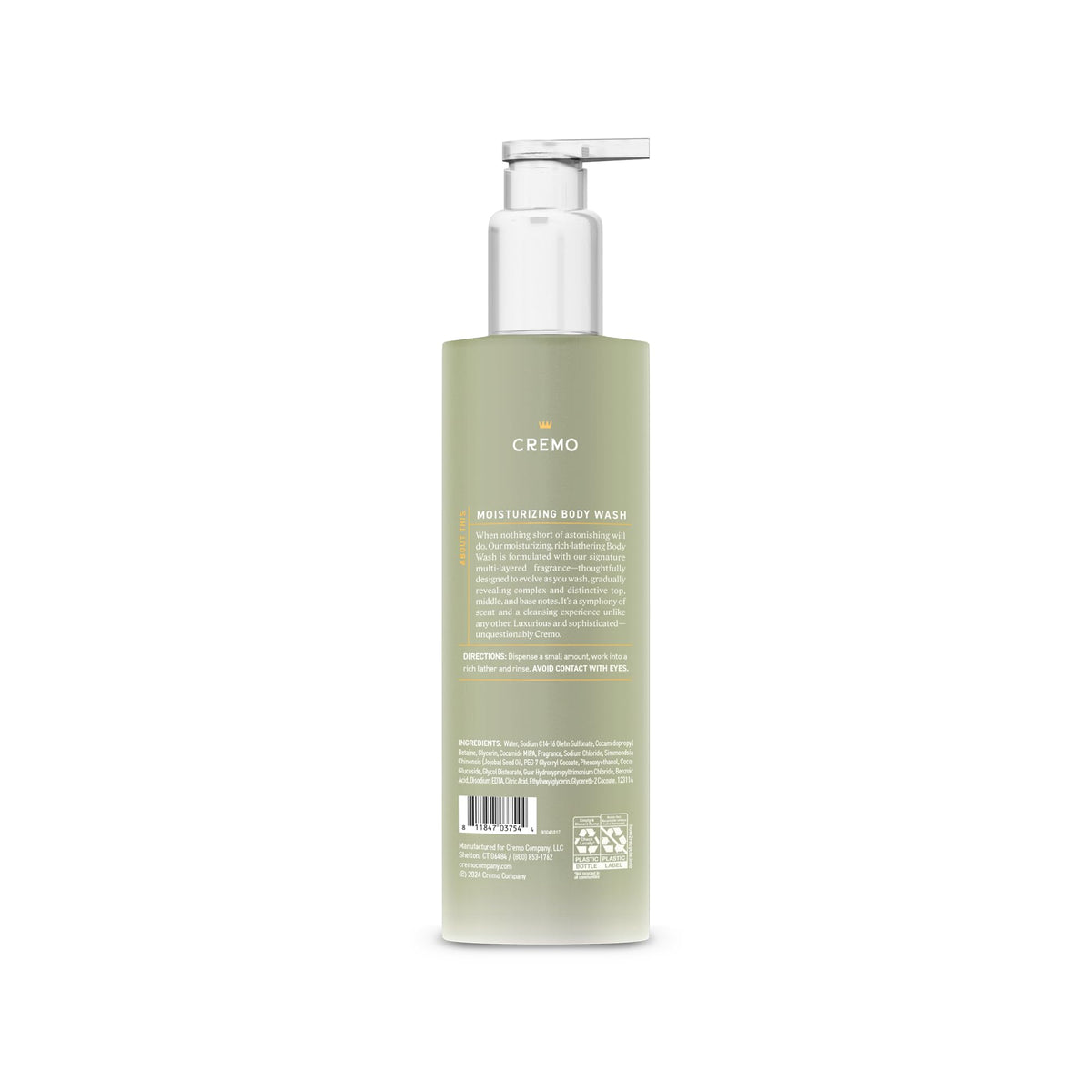 Cremo Pear Blossom Body Wash packaging on a bathroom shelf