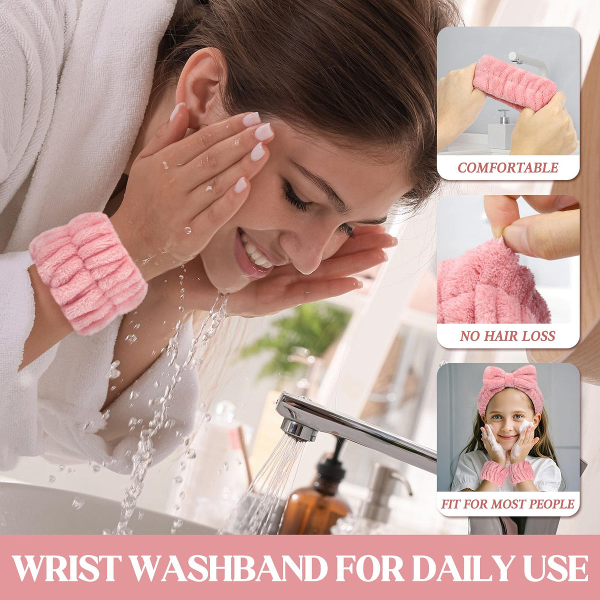 Crosize Microfiber Spa Wristbands neatly arranged on a bathroom counter