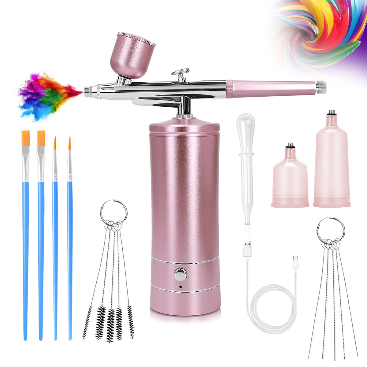 crpen Airbrush Kit front view with compressor and pink design