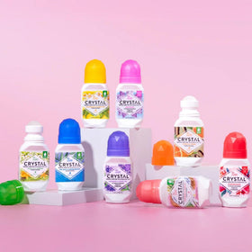 Crystal Essence Mineral Deodorant Roll-On group shot with three bottles