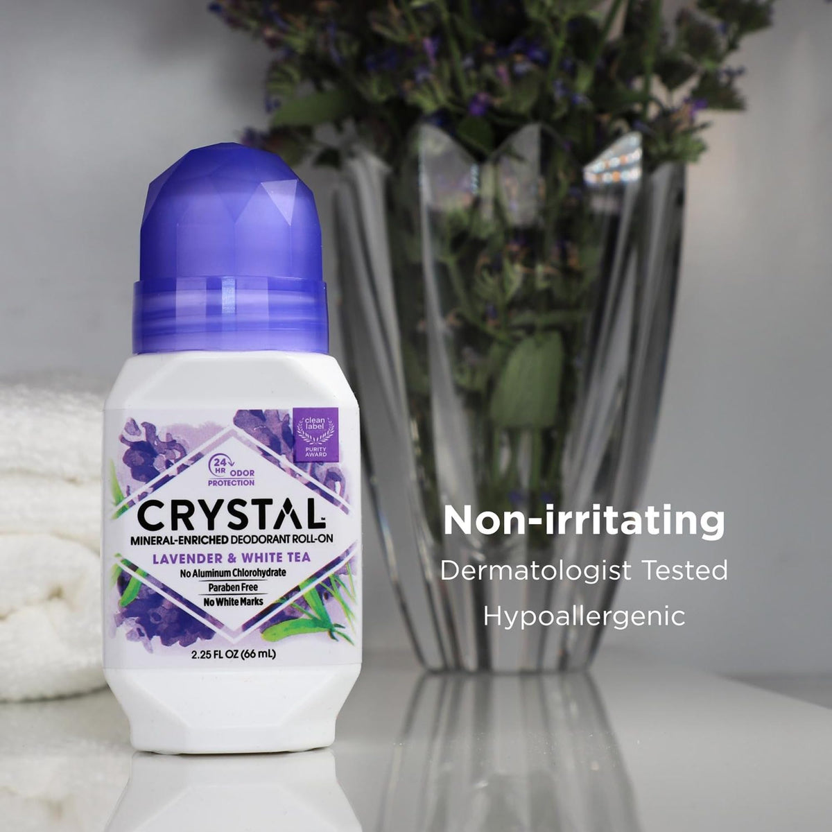 Crystal Essence Mineral Deodorant Roll-On Lavender & White Tea side view
