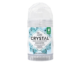 Crystal Essence Unscented Mineral Deodorant Stick on bathroom shelf