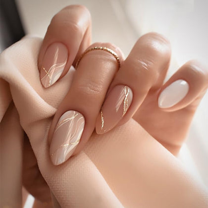 CTTHNBD Almond Press on Nails 24 Pcs with gold line design front view