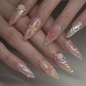 CTTHNBD Almond Press on Nails 24Pcs with 3D flower design front view