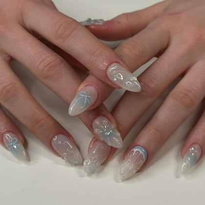 CTTHNBD Almond Press On Nails blue ombre with 3D lemon design front view