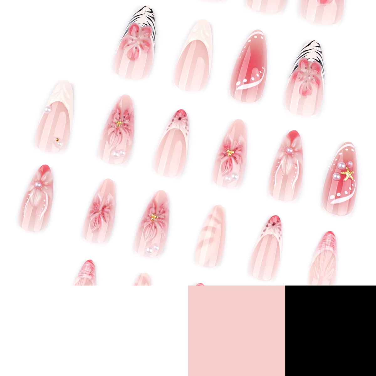 CTTHNBD Almond Press on Nails close-up of 3D flower rhinestone design