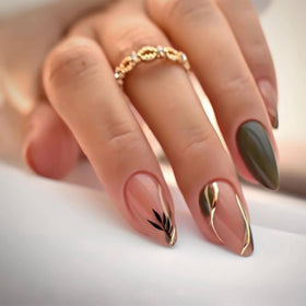 CTTHNBD Almond Press on Nails dark green front view with gold line design