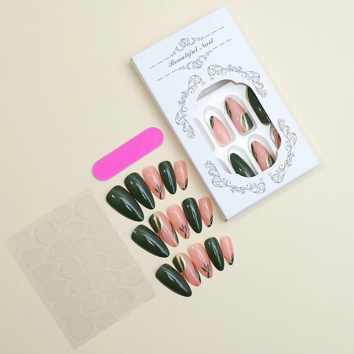 CTTHNBD Almond Press on Nails displayed on a hand