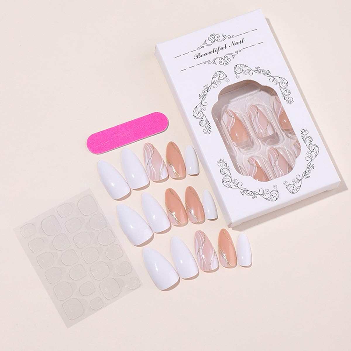 CTTHNBD Almond Press on Nails displayed with nail file and glue stickers