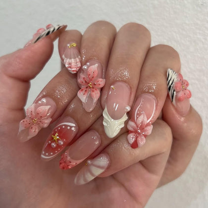 CTTHNBD Almond Press on Nails medium French tip with 3D flower design front view