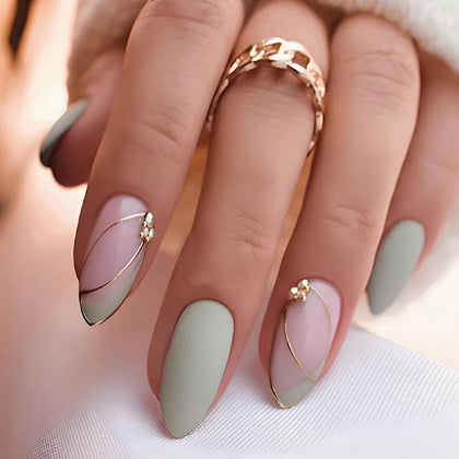 CTTHNBD almond press on nails medium green with gold line design front view