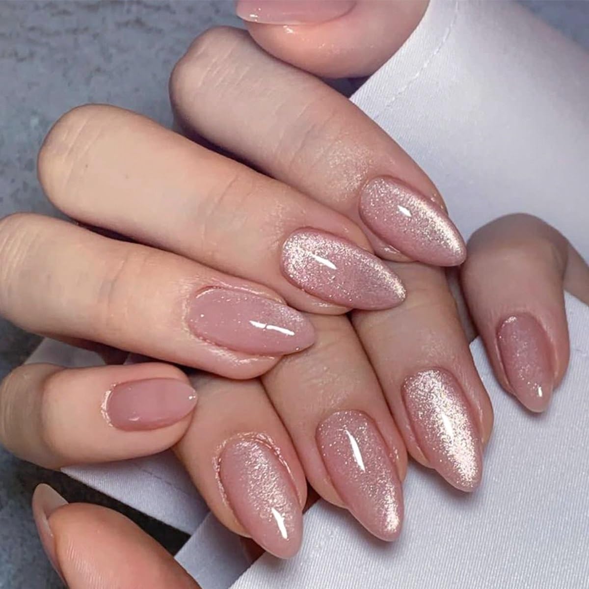 CTTHNBD Almond Press on Nails Medium pink glitter design front view
