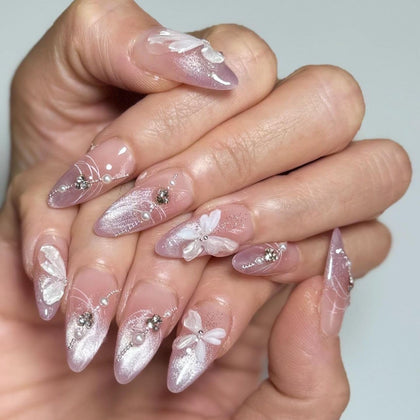 CTTHNBD Almond Press on Nails ombre purple with butterfly design front view