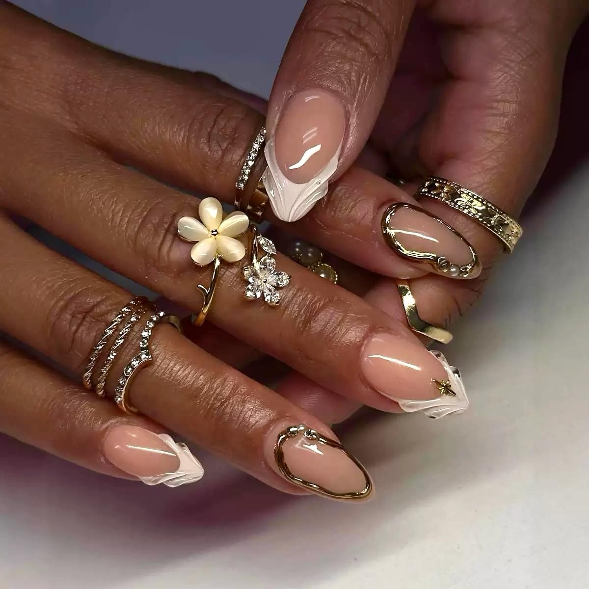 CTTHNBD Almond Press on Nails white French tip front view