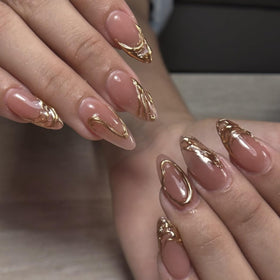 CTTHNBD Almond Press on Nails with gold stripes design front view