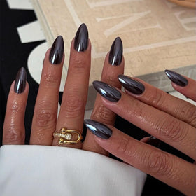 CTTHNBD Black Press on Nails Almond front view with glossy finish