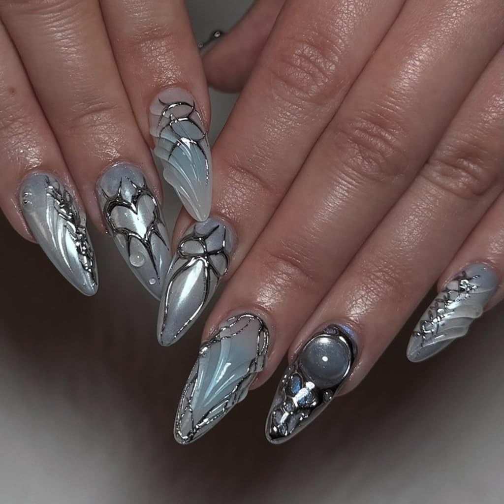 CTTHNBD blue almond press on nails with bow heart design front view
