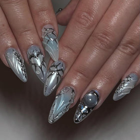 CTTHNBD blue almond press on nails with bow heart design front view