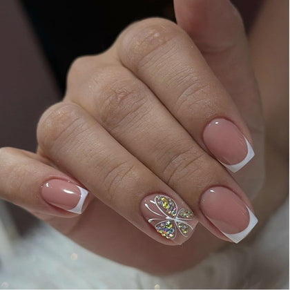 CTTHNBD French Tip Press on Nails front view with butterfly design