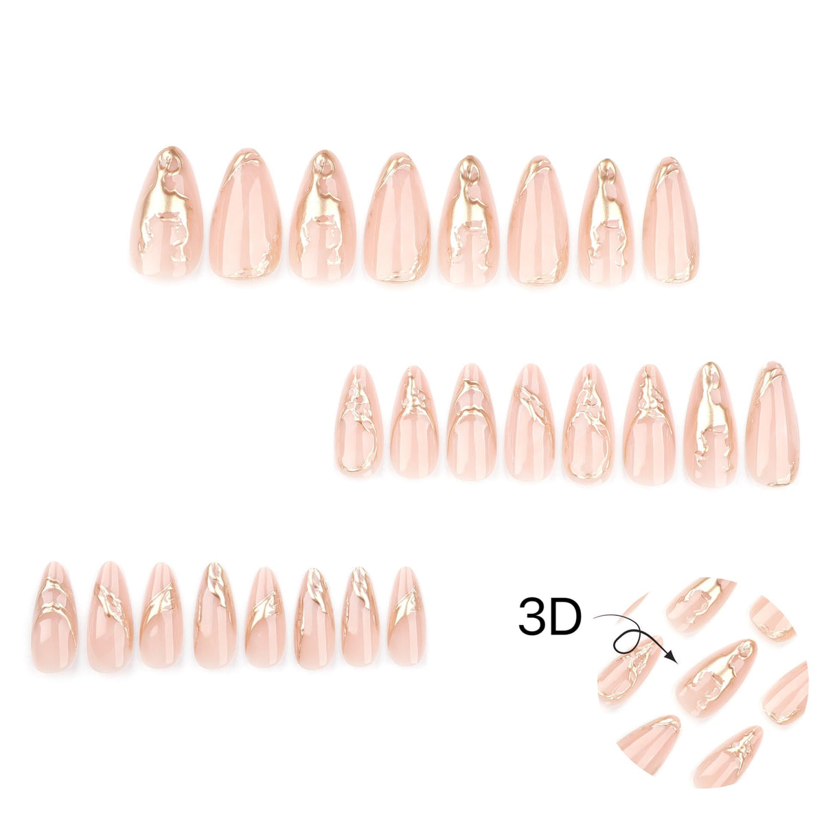 CTTHNBD Gold Press On Almond False Nails displayed on a hand